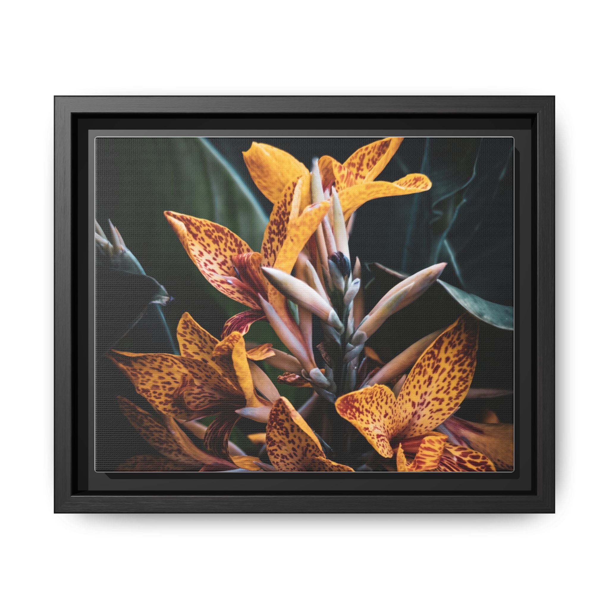 Framed Floral Canvas Wall Art — Golden Canna Lily Photograph (Matte, Multi‑Color)
