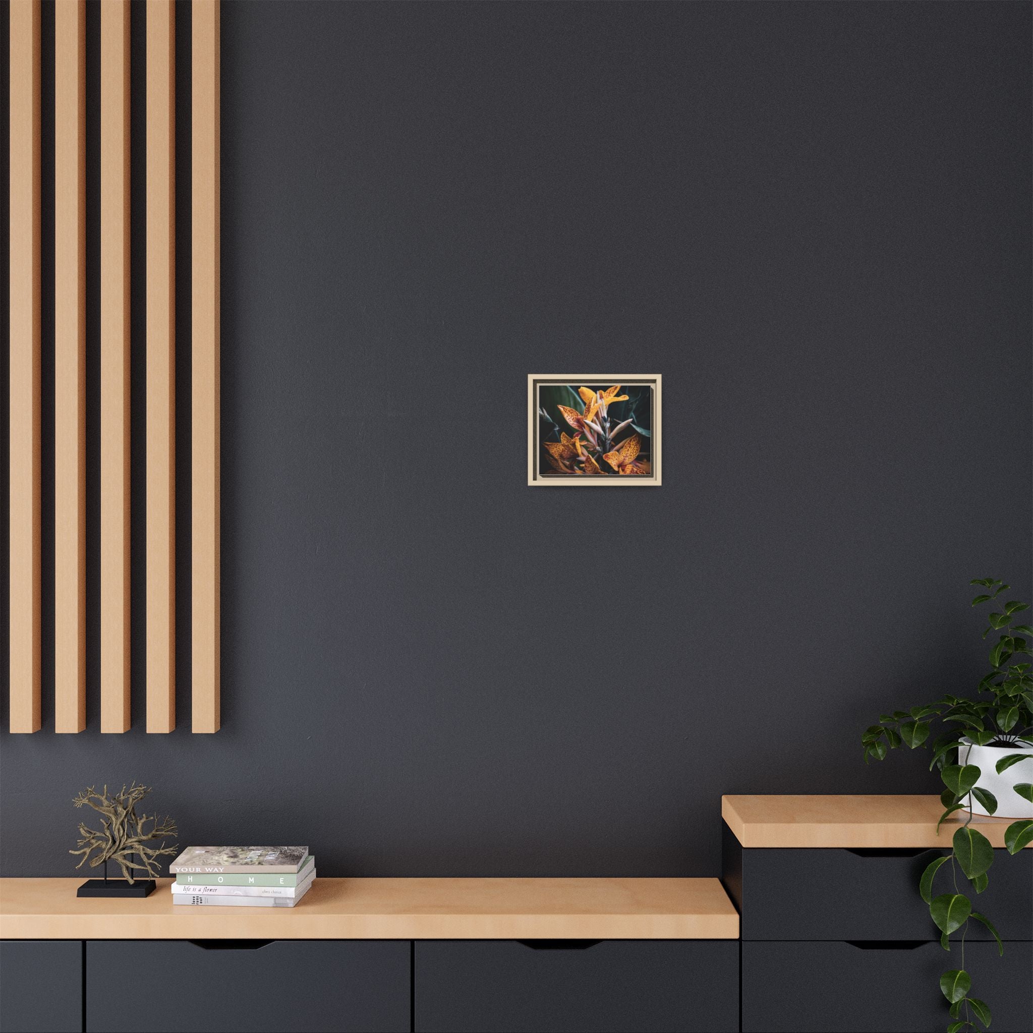 Framed Floral Canvas Wall Art — Golden Canna Lily Photograph (Matte, Multi‑Color)