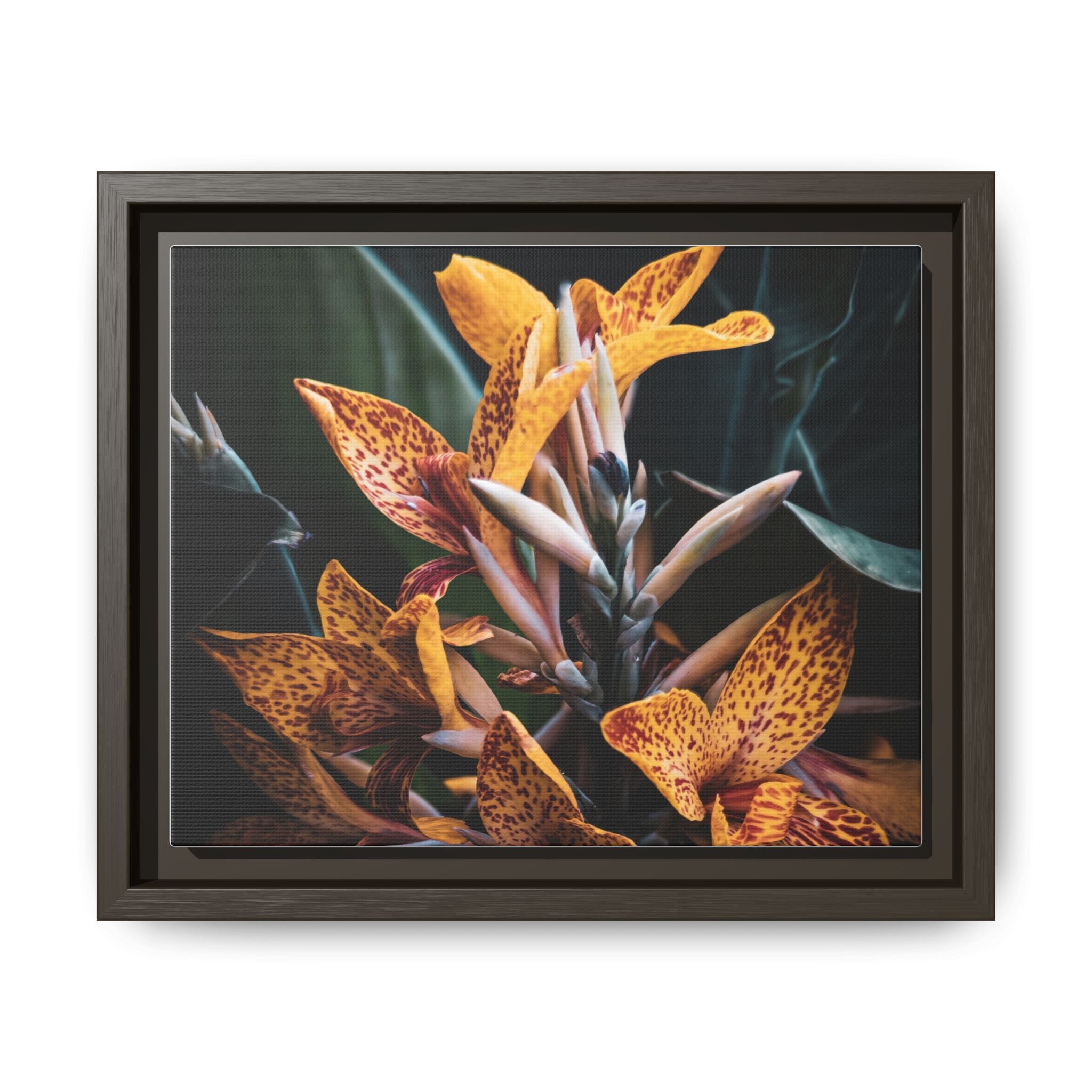 Framed Floral Canvas Wall Art — Golden Canna Lily Photograph (Matte, Multi‑Color)