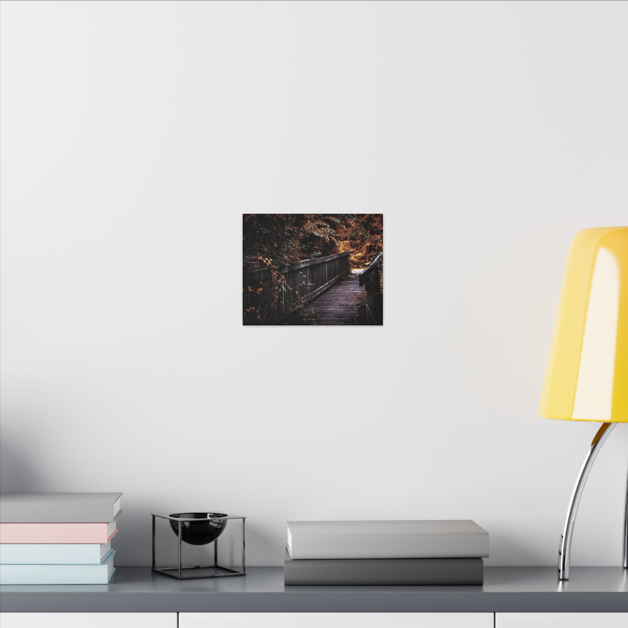 Autumn Forest Footbridge Matte Canvas Wall Art — Moody Woodland Landscape