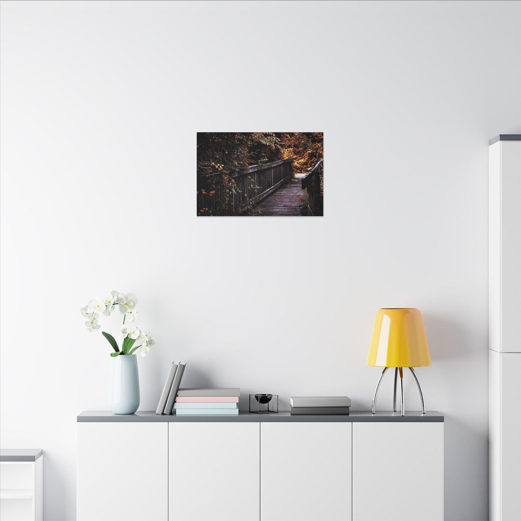 Autumn Forest Footbridge Matte Canvas Wall Art — Moody Woodland Landscape