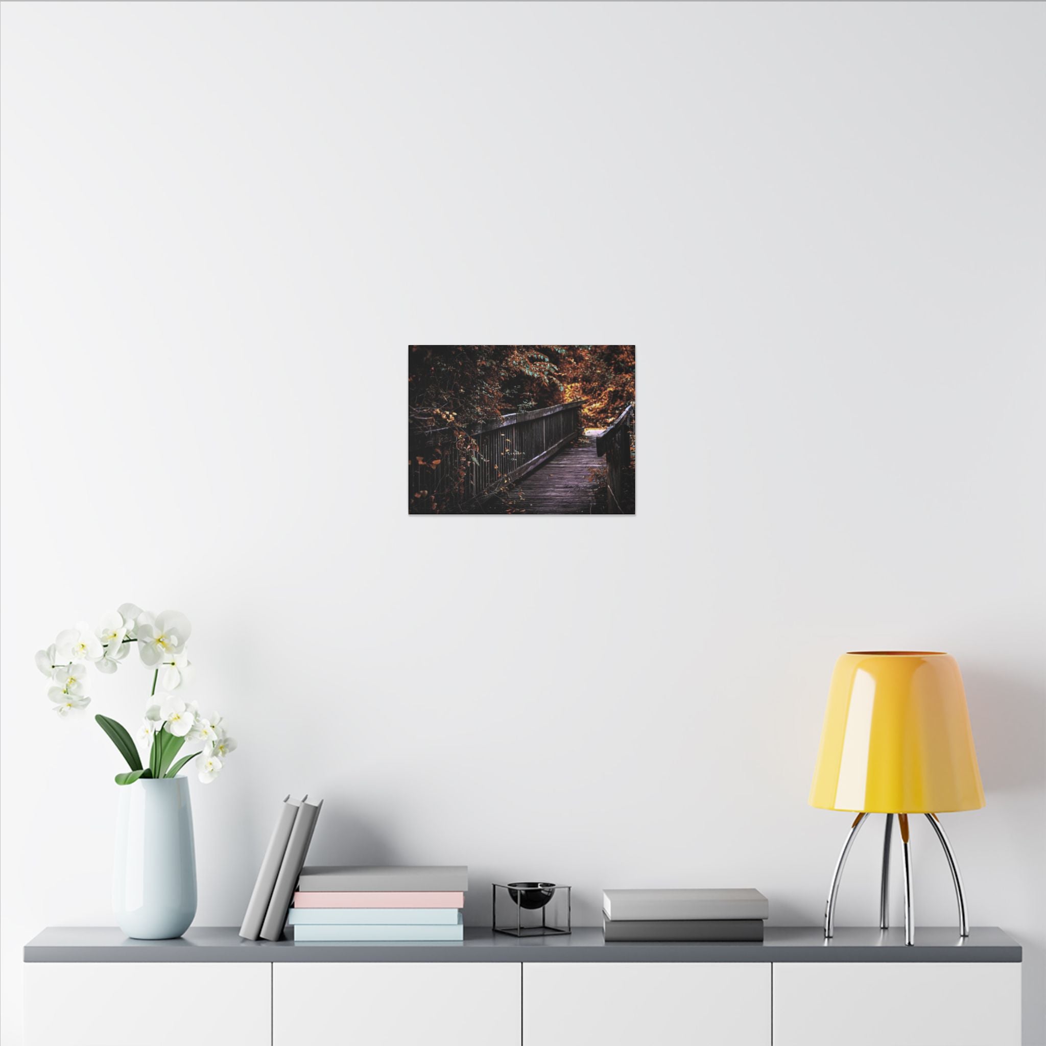 Autumn Forest Footbridge Matte Canvas Wall Art — Moody Woodland Landscape