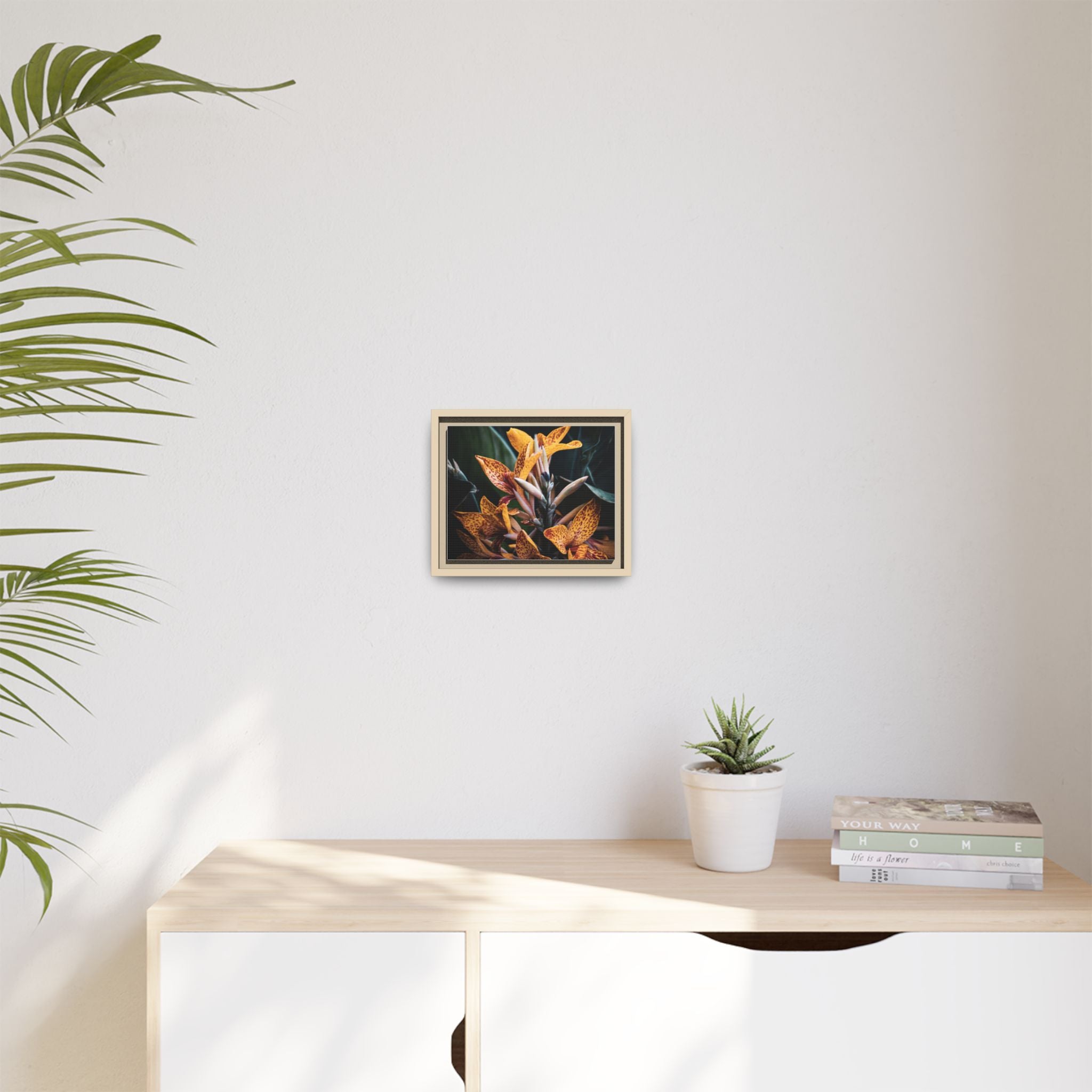 Framed Floral Canvas Wall Art — Golden Canna Lily Photograph (Matte, Multi‑Color)