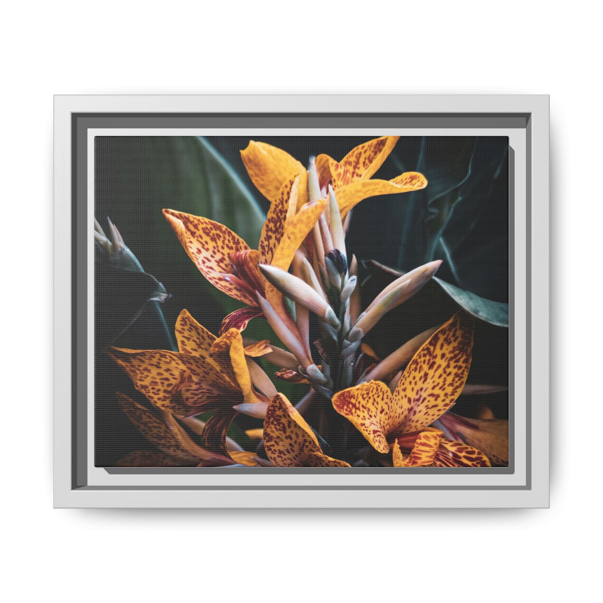 Framed Floral Canvas Wall Art — Golden Canna Lily Photograph (Matte, Multi‑Color)