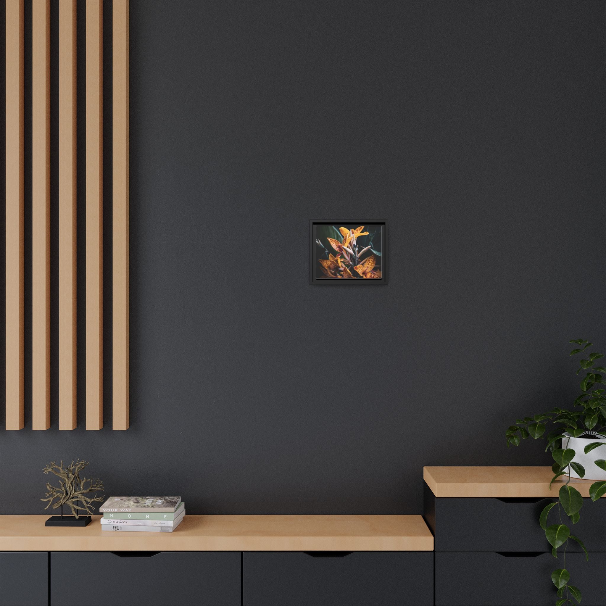 Framed Floral Canvas Wall Art — Golden Canna Lily Photograph (Matte, Multi‑Color)