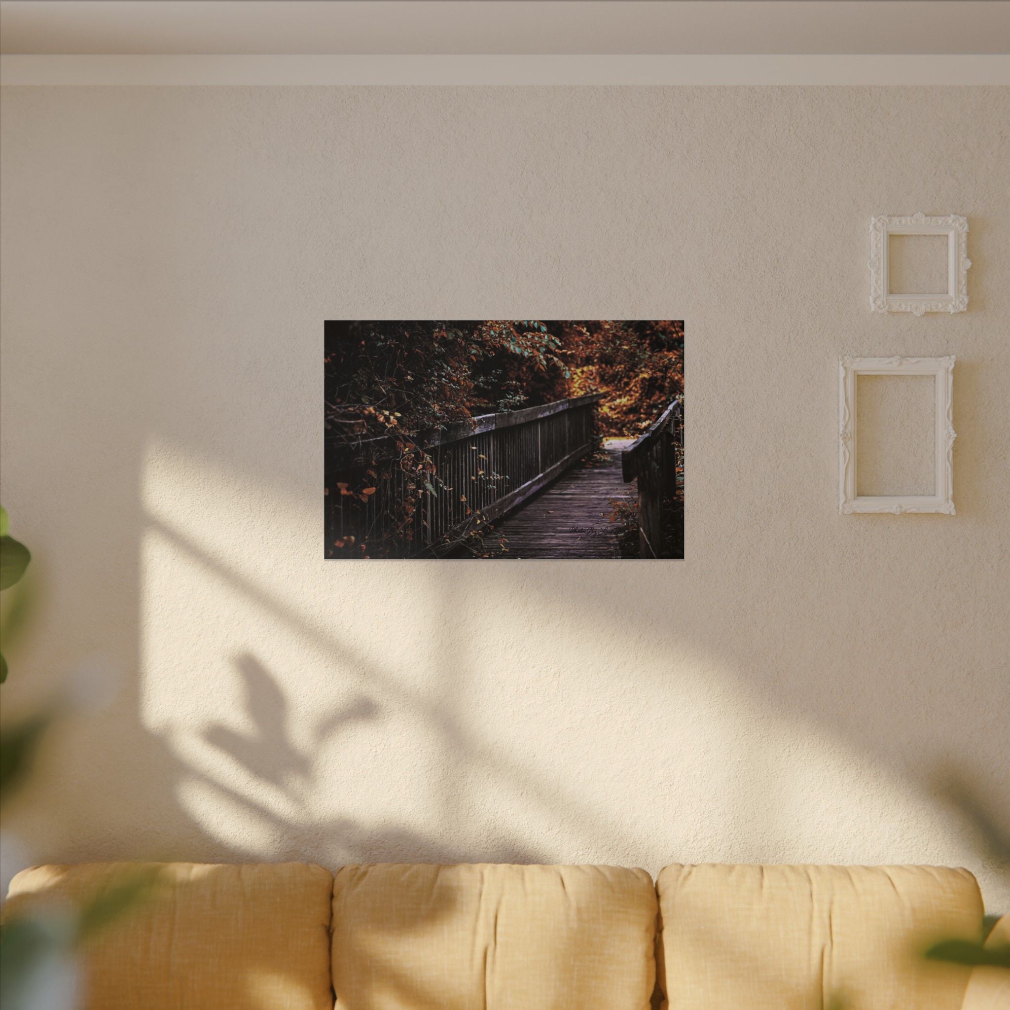 Autumn Forest Footbridge Matte Canvas Wall Art — Moody Woodland Landscape
