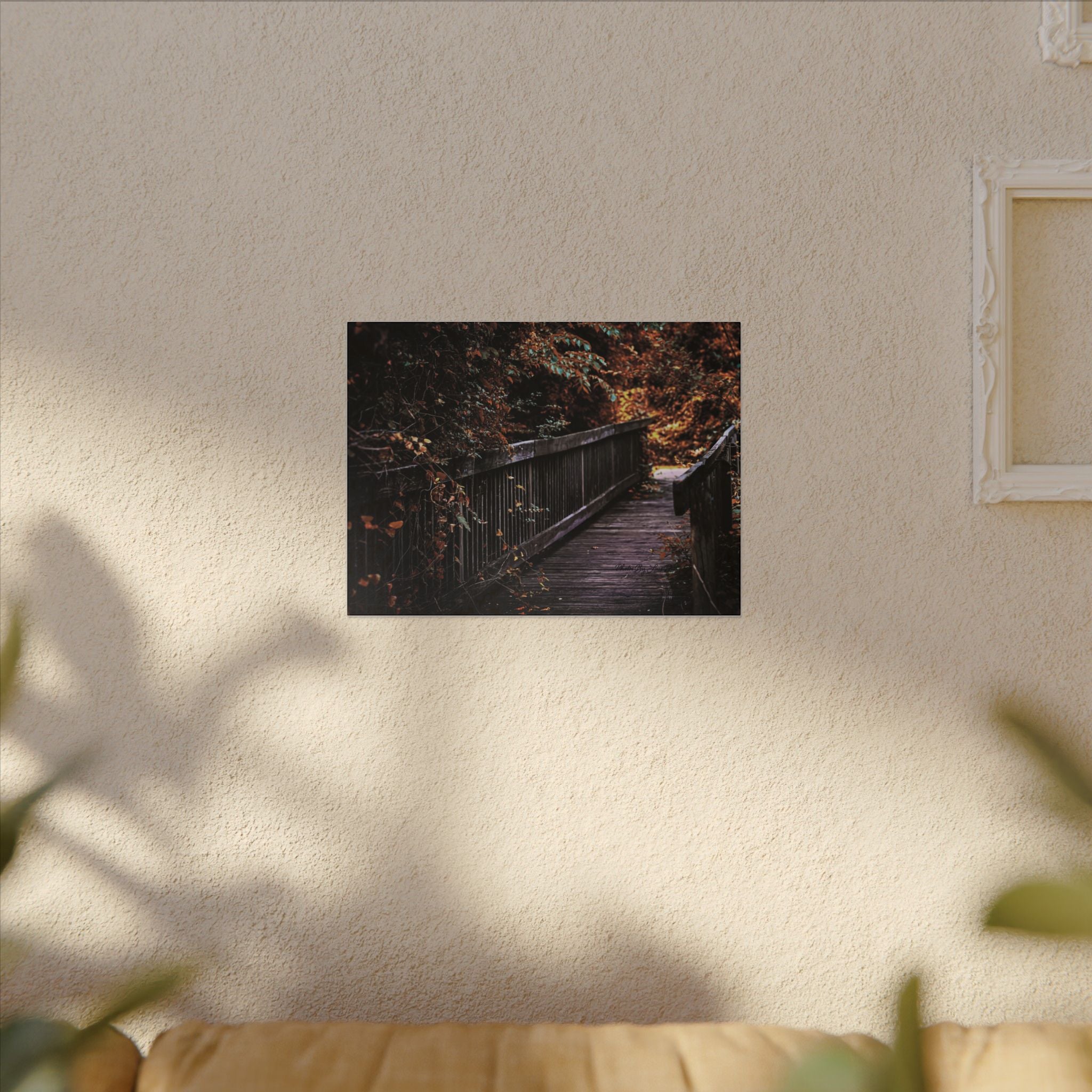 Autumn Forest Footbridge Matte Canvas Wall Art — Moody Woodland Landscape