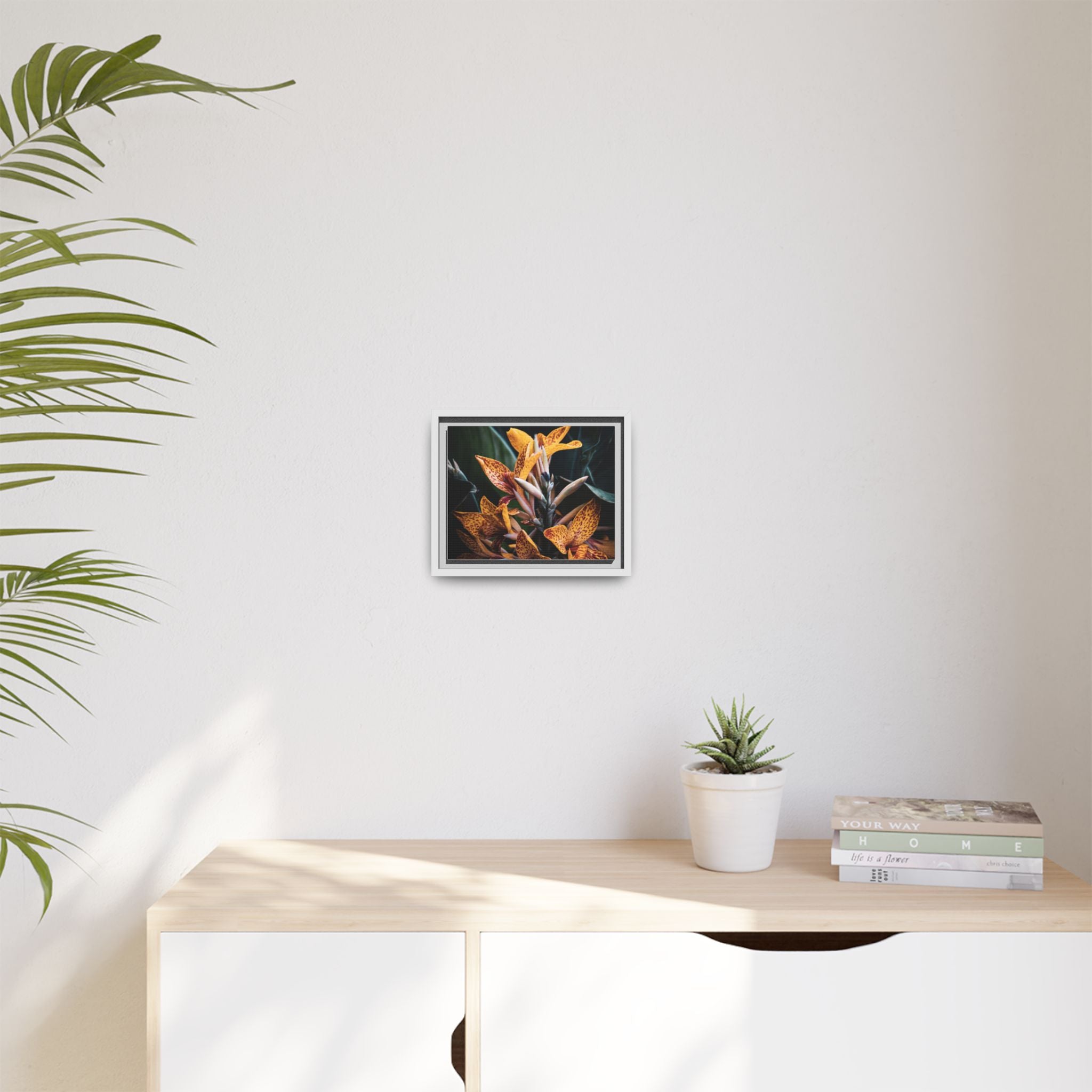 Framed Floral Canvas Wall Art — Golden Canna Lily Photograph (Matte, Multi‑Color)
