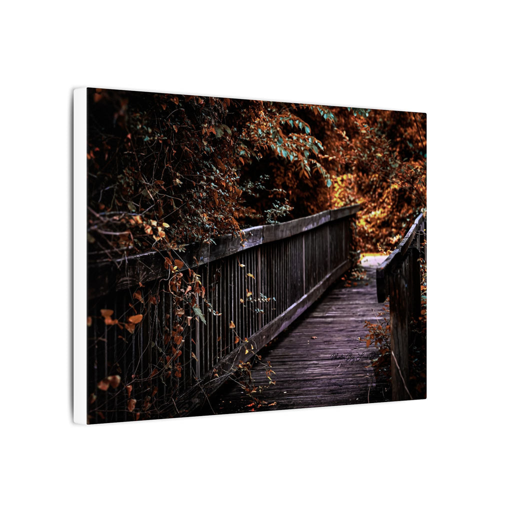 Autumn Forest Footbridge Matte Canvas Wall Art — Moody Woodland Landscape
