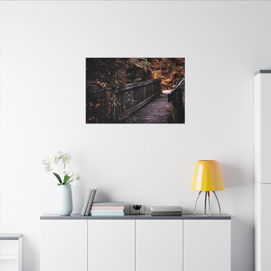 Autumn Forest Footbridge Matte Canvas Wall Art — Moody Woodland Landscape