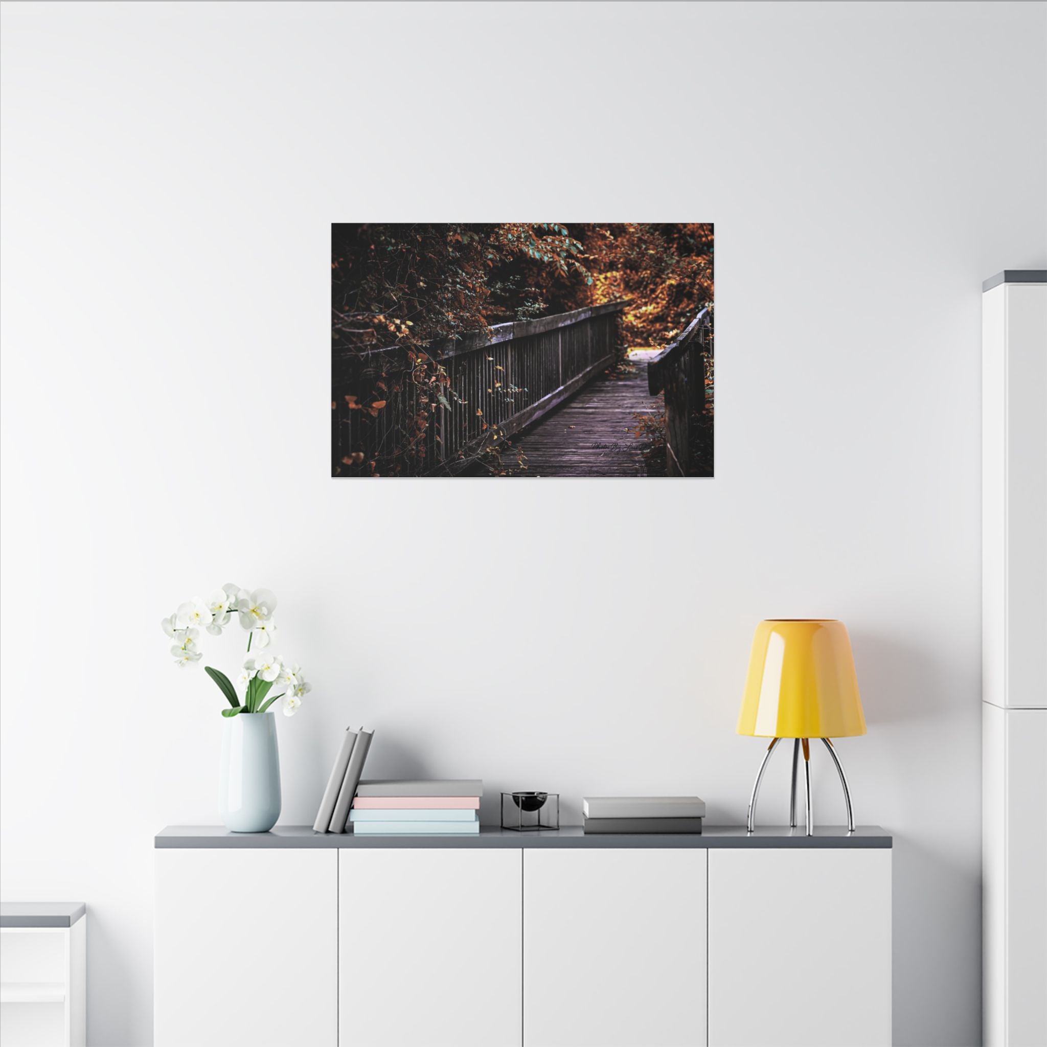 Autumn Forest Footbridge Matte Canvas Wall Art — Moody Woodland Landscape