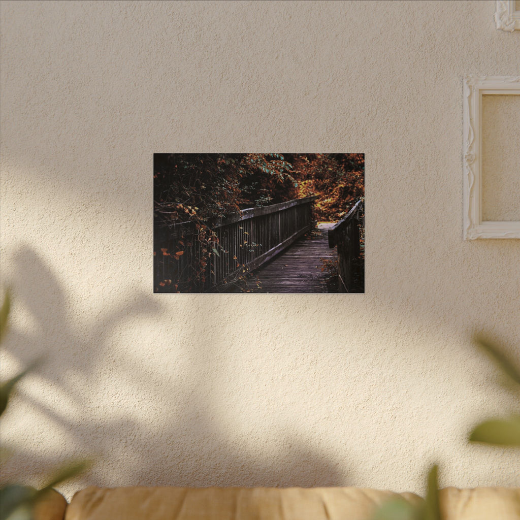 Autumn Forest Footbridge Matte Canvas Wall Art — Moody Woodland Landscape