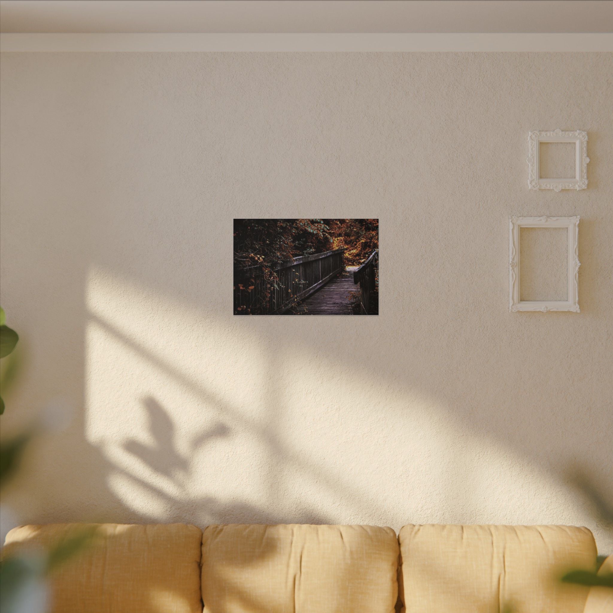Autumn Forest Footbridge Matte Canvas Wall Art — Moody Woodland Landscape