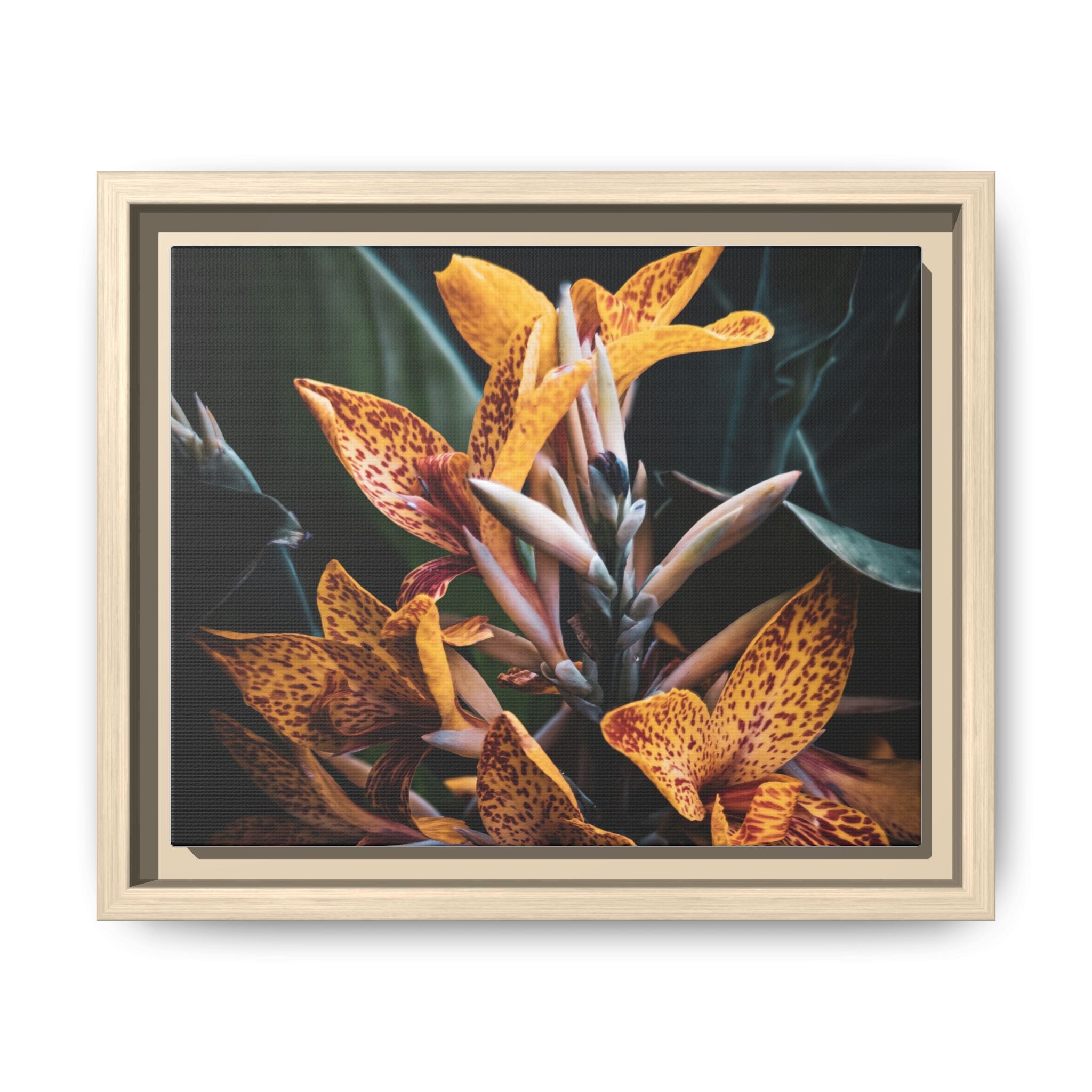 Framed Floral Canvas Wall Art — Golden Canna Lily Photograph (Matte, Multi‑Color)